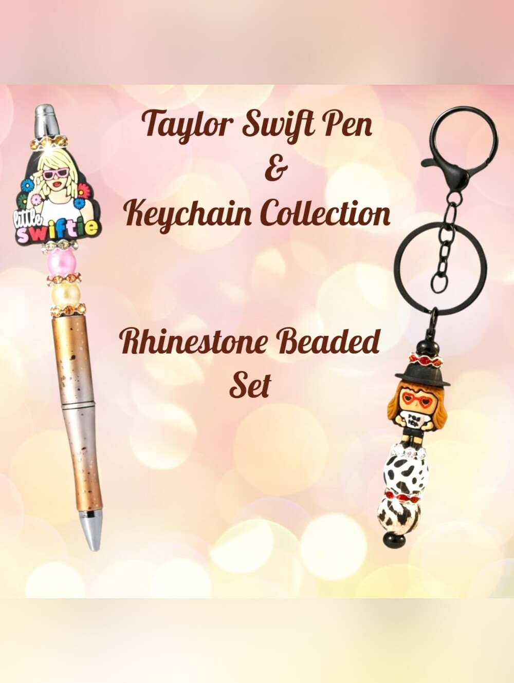 2pc Taylor Swift Sparkly Beaded Rhinestone Pen & Keyxhain Set- Gift Box Included